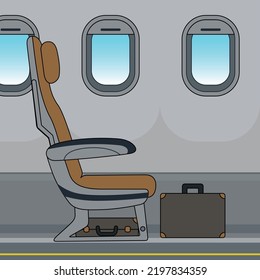 Passenger Airplane Interior. Aircraft Indoor Cabin with Suitcase Vector Illustration.