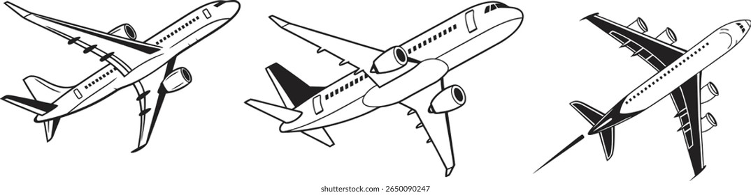 "Conjunto de arte da linha de avião de passageiros: três aeronaves a jato voando em ângulos diferentes - Aviação, Viagem, Transporte, Design Gráfico de linha aérea comercial para voo e temas aeroespaciais"