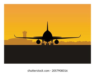 Passenger Airplane On Airport Runway In Silhouette. Simple Flat Illustration.