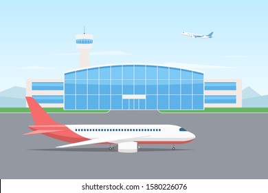 Passenger airplane on the runway of an airport building with a control tower in the background airplane in the sky. Vector illustration