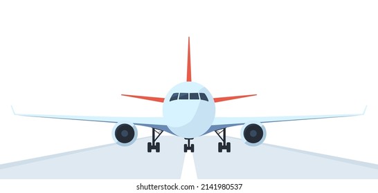 Passenger airplane on runway, front view. Flat vector illustration of aeroplane with portholes, wings and engines