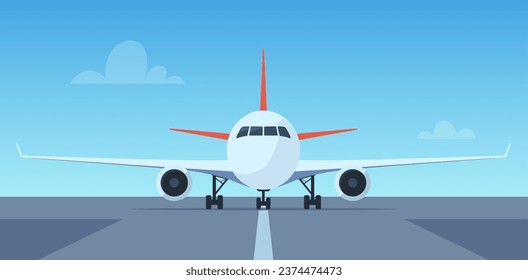 Passenger airplane on runway, front view. passenger aircraft takeoff illustration. Airport with aircraft on airfield. Vector illustration