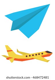 Passenger airplane and paper plane vector flat design illustration isolated on white background.