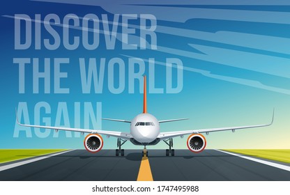 Passenger airplane ready to take off. Banner or flyer for travel and vacation design. Vector illustration