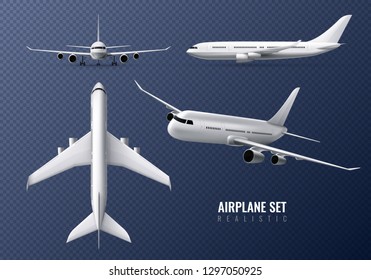 Passenger airplane realistic set on transparent background with airliners in different point of view isolated vector illustration