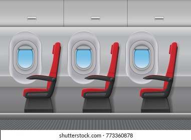 Passenger airplane red vector interior. Aircraft indoor cabin with portholes and chairs seats. Vector illustration.
