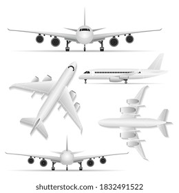 Passenger airplane set. Isolated jet plane front, back, side, top view icons. Passenger airplane aircraft transport collection. Air transportation, aviation and aeroplane travel vector illustration