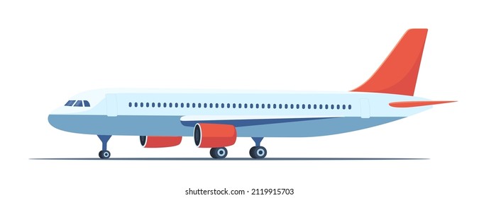 Passenger airplane, side view. Profile of aircraft isolated on white background. Flat vector illustration of aeroplane with portholes, wings and engines