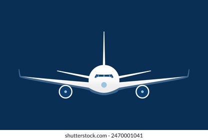 Passenger Airplane Silhouette, Front View - Simple Symbol or Icon Design, Isolated on Dark Blue Background