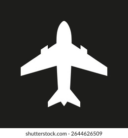 Passenger airplane  silhouette logo. White icon aircraft isolated on black background. Vector illustration side view.