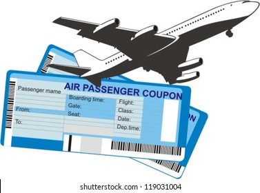 passenger airplane silhouette on a two boarding coupons background