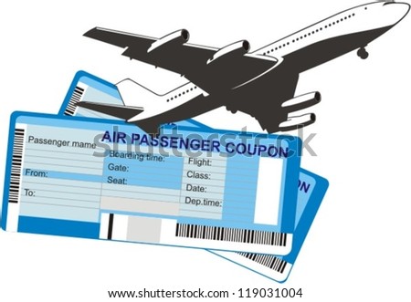 passenger airplane silhouette on a two boarding coupons background
