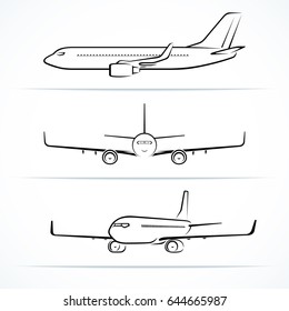 Passenger airplane silhouettes, contours, outlines. Side, front, 3/4 view of modern jet aircraft in flight. Vector illustration