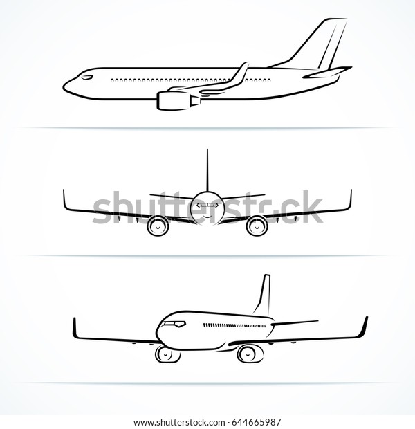 旅客機のシルエット 輪郭 輪郭 現代のジェット機の側面 前面 3 4のビュー ベクターイラスト のベクター画像素材 ロイヤリティフリー