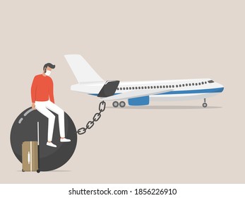 The passenger of the airplane sits on a large steel ball, flight cancelled concept, Plane with chain and large steel ball, Air transport problems, Plane can't fly.