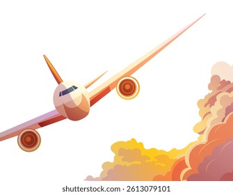 passenger airplane in the sky at sunset among the clouds