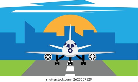 Passenger Airplane Taking off or Landing at the Airport. Air vehicles and transportation industry vector art, aviation and city