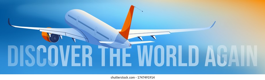 Passenger airplane taking off at sunset. Horizontal banner. Vector illustration