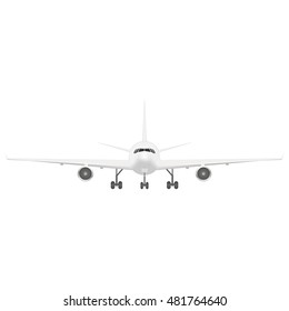 Passenger Airplane Template. Jet Front View. Vector illustration of Flying Boeing airliner  travel concept. Aircraft take off.