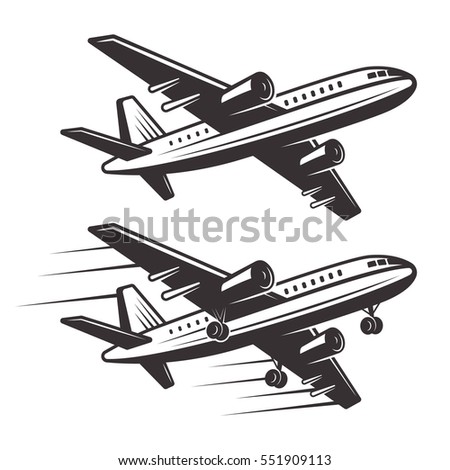 Passenger airplane two style design elements vector monochrome illustration isolated on white background