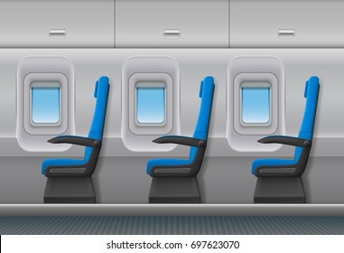 Passenger Airplane Vector Interior. Aircraft Indoor Cabin With Portholes And Chairs Seats. Vector Illustration.