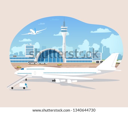 Passenger Airplane Waiting to Flight on Runaway Cartoon Vector. Airport Terminal with Dispatcher Tower Illustration. Modern Metropolis Aerodrome or Transport Hub. Traveling on Air Transport Concept