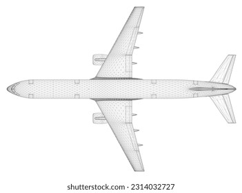 Passenger airplane wireframe isolated on white background. View from above. 3D. Vector illustration.