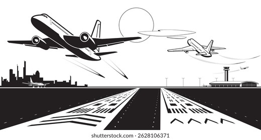 Aviões de passageiros que aterram e decolaram no aeroporto - ilustração vetorial
