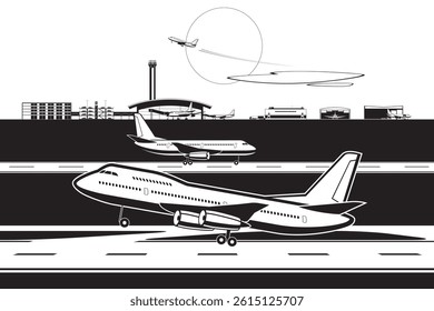 Passenger airplanes taking off and landing in airport – vector illustration