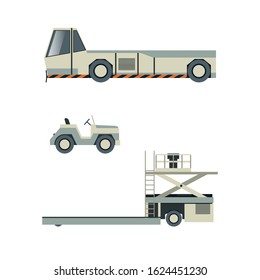 Passenger airport ground technics isolated set in flat style. Tow truck, baggage cart vector illustration. Aviation terminal logistics and airport infrastructure elements