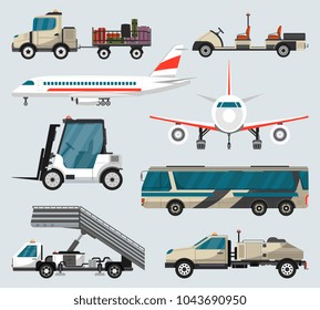 Passenger airport ground technics set. Tow truck, fright forklift, passenger ladder, modern bus, baggage cart, fuel tanker vector illustration. Aviation terminal logistics and infrastructure elements.