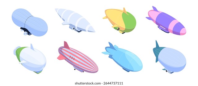 Passenger airship set. Vector isometric elongated aerostat with gondolas underneath. Zeppelins with stripes. Cabins for people. Extended giant balloons filled with helium for free travel tourism