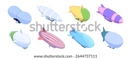 Passenger airship set. Vector isometric elongated aerostat with gondolas underneath. Zeppelins with stripes. Cabins for people. Extended giant balloons filled with helium for free travel tourism