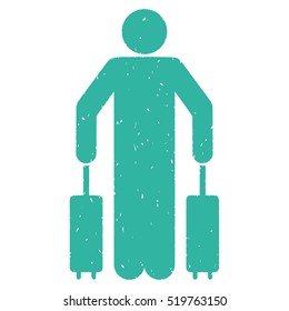 Passenger Baggage grainy textured cyan icon for overlay watermark stamps. Flat symbol with unclean texture. Dotted vector ink rubber seal stamp with grunge design on a white background.