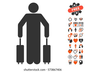 Passenger Baggage icon with bonus love design elements. Vector illustration style is flat iconic orange and gray symbols on white background.