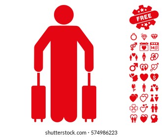 Passenger Baggage icon with bonus lovely pictograms. Vector illustration style is flat iconic red symbols on white background.