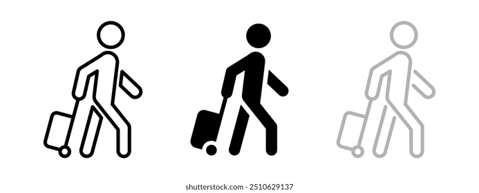 Pasajero con icono de equipaje. Caminante con Ilustración vectorial de equipaje. Persona viajera en un símbolo de vacaciones. Pasajero con un cartel de maleta de viaje. Negro y silueta de viajero de contorno aislado