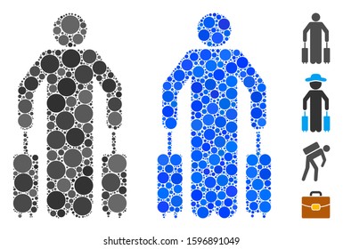 Passenger baggage mosaic of round dots in various sizes and color tinges, based on passenger baggage icon. Vector round dots are composed into blue composition.