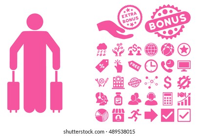 Passenger Baggage pictograph with bonus design elements. Vector illustration style is flat iconic symbols, pink color, white background.