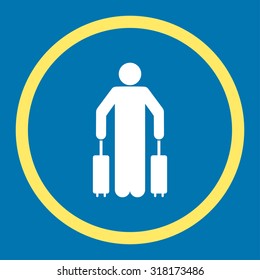 Passenger baggage vector icon. This rounded flat symbol is drawn with yellow and white colors on a blue background.