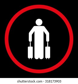 Passenger baggage vector icon. This rounded flat symbol is drawn with red and white colors on a black background.