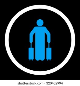 Passenger baggage vector icon. This rounded flat symbol is drawn with blue and white colors on a black background.
