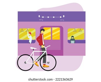Passenger with bicycle waiting for the train arrive in the station. A man standing at the train station with his bike. Public transportation concept flat vector illustration isolated on white.
