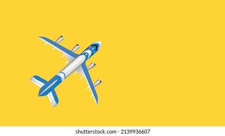 Passenger  blue plane on a yellow background, flat lay, air travel advertisement vector illustration, Space for text, copy space. Concept - air travel, ticket booking