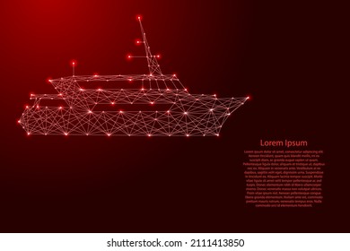 Passenger boat, marine vessel, from futuristic polygonal red lines and glowing stars for banner, poster, greeting card. Vector illustration.