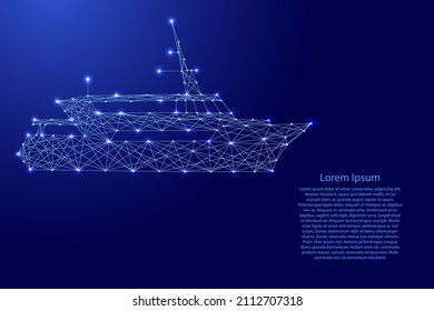 Barco de pasajeros, barco marino, de futuristas líneas azul poligonal y estrellas brillantes para pancarta, afiche, tarjeta de saludo. Ilustración vectorial.