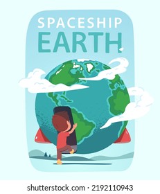 Passenger boy kid person going on board of Earth planet spaceship. World exploration and travel metaphor. Environment conservation and life on Earth concept flat style vector isolated illustration