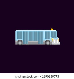 Passenger bus at the airport. Airport bus. Pixel art. Old school computer graphic. Element design stickers, logo, mobile app, menu. 8 bit video game. Game assets 8-bit sprite. 16-bit.