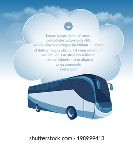 Passenger bus moving under the blue sky and white clouds. There is a place for your text.