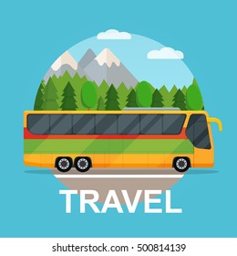 Passenger bus on motorway.  Forest landscape. Vector flat illustration